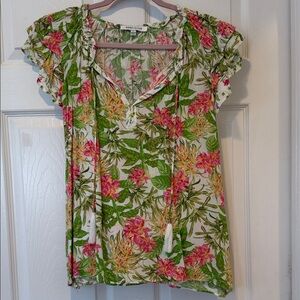 Anthropologie Vibrant Floral Blouse with Tassels